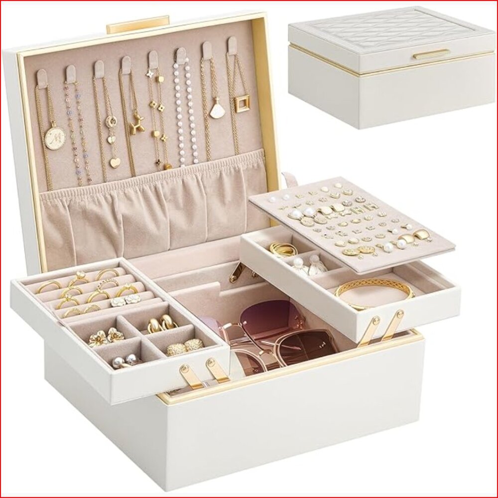 2 Layer Jewelry Organizer With Pu Leather Exterior And Velvet Lining